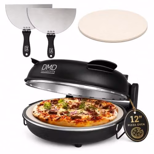 DMD Collective 12 inch Electric Pizza Oven with Stone Base, Glass Window and Timer, Black – 1