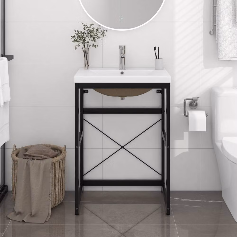 Berkfield Home Modern Bathroom Washbasin Frame with Built-in Ceramic Basin in Matt Black Metal – 2