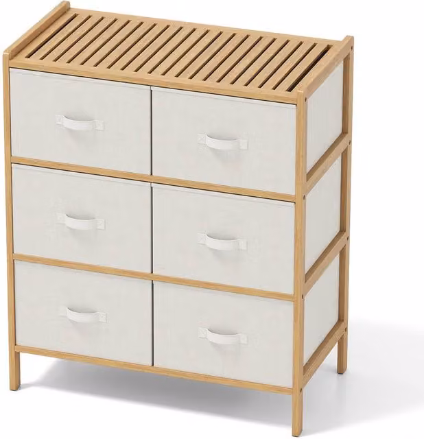 Gymax 6-Drawer Bamboo Vertical Chest of Drawers with Top Shelf in Light Beige