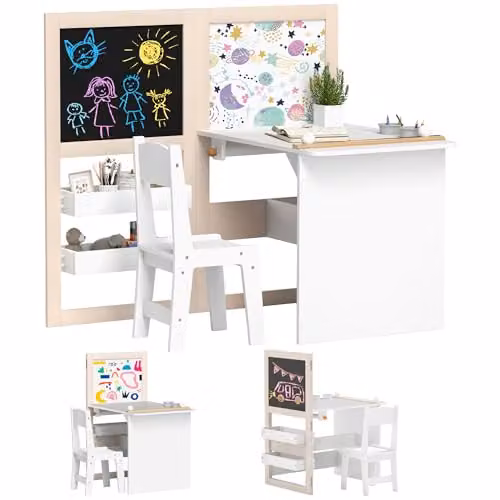 AIYAPLAY Kids Table and Chair Set, 3 in 1 Foldable Art Set, White, W/D/H: 102.4 x 111.5 x 81.5 cm