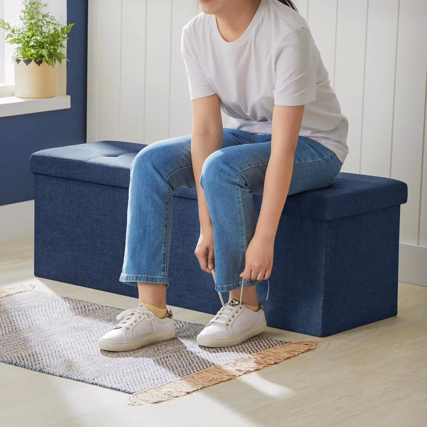 SONGMICS Large Storage Ottoman Bench and Folding Foot Rest in Midnight Blue – 4