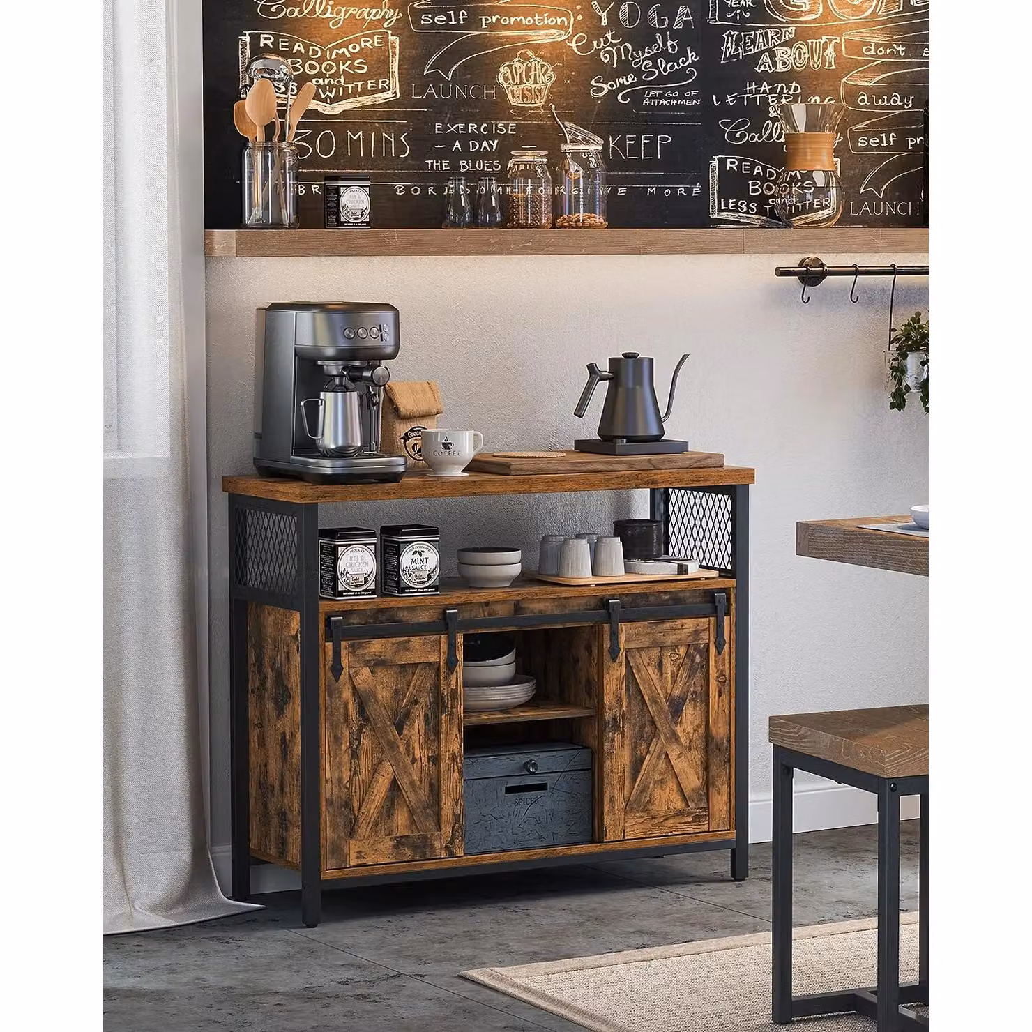 VASAGLE Industrial Sideboard Kitchen Cabinet with 2 Sliding Barn Doors and Adjustable Shelves in Brown – 2