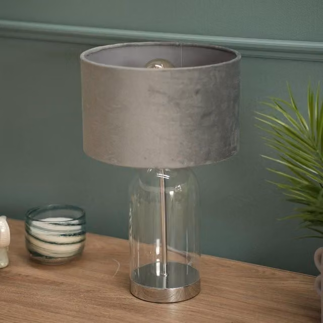 ValueLights Jessy Chrome and Glass Table Lamp with Grey Fabric Shade in Silver – 1