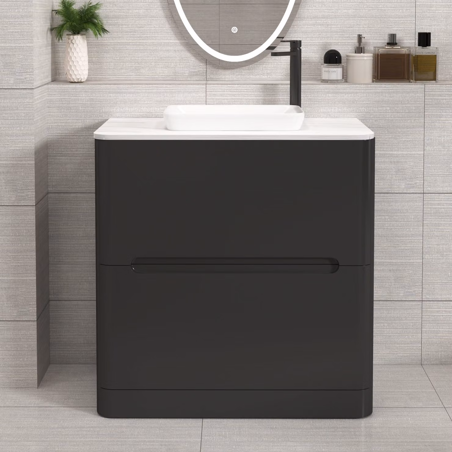 Royal Bathrooms Venice 800mm Matt Nocturne Black Floor Standing 2 Drawer Vanity Unit with Qubix Basin
