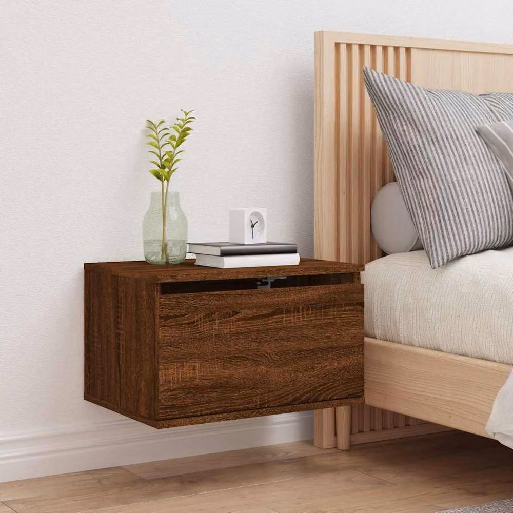 Berkfield Home Wall-mounted Bedside Cabinet with Integrated LED Lights in Brown Oak – 4