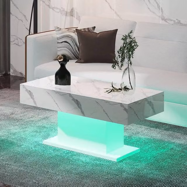 KEEPREAPER Rectangular LED Coffee Table with 16 Colours in White Marble Glossy Finish