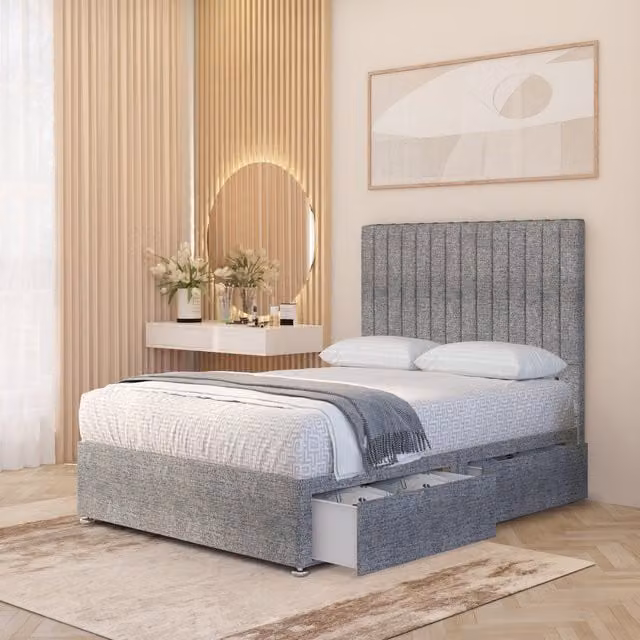 Somnior Beds Ltd Verona Tweed 4000 Pacific Pocket Spring Divan Bed Set with 54 inch Headboard and 4 Drawers, Grey/Silver, W/D/H: 120 x 200 x 135 cm
