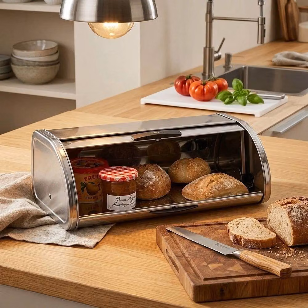 FLAVORA Stainless Steel Bread Bin in Silver with Roll Front Design – 5