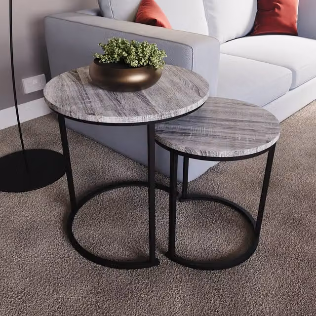 Vida Designs Brooklyn Nest of 2 Round Industrial Tables in Grey