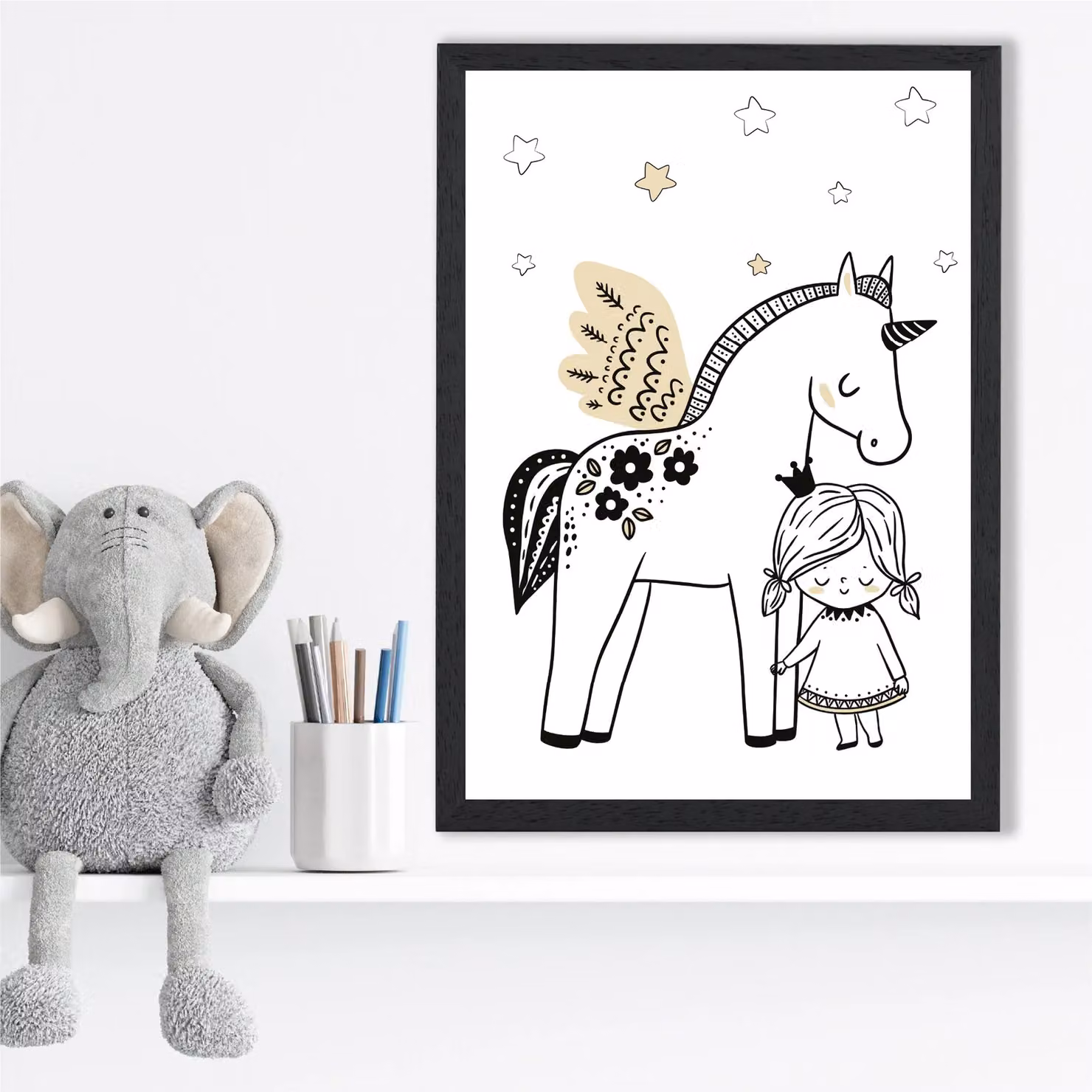 ARTZE Scandi Princess Little & Pegasus Framed Print, Multicolour, W/H: 21.0 x 29.7 cm – 2