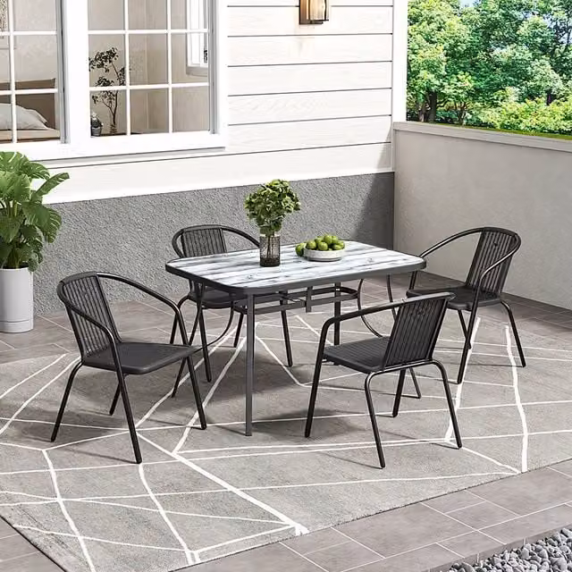 Breeins Rustic Garden Coffee Table with 4 Chairs, Tempered Glass and Metal, White and Black