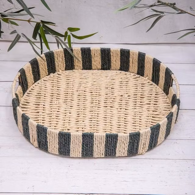 Annibells Green Striped Rattan Woven Round Serving Tray, Diameter: 40 cm