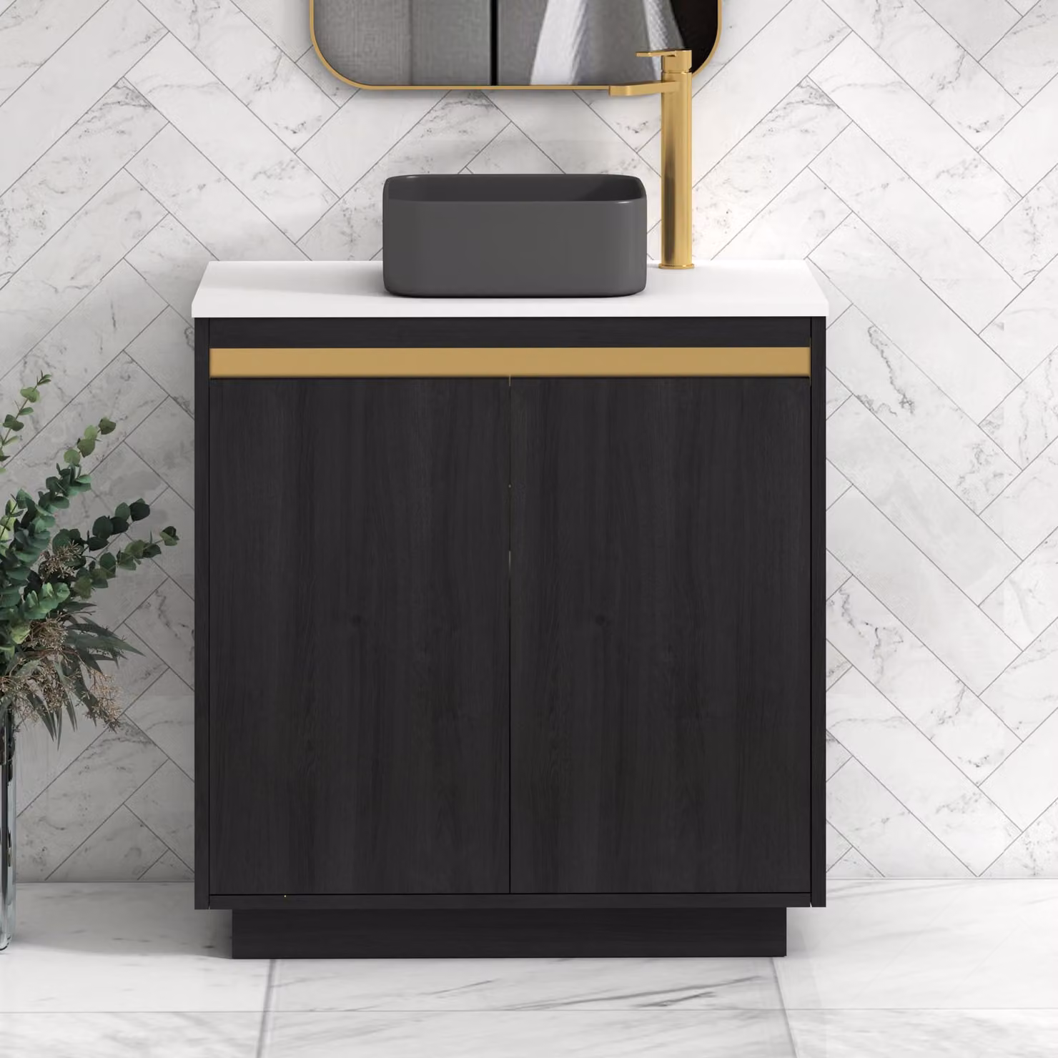 Royal Bathrooms Orion 800mm Hale Black and White Floor Standing 2 Door Vanity Unit with Art Square Basin and Brushed Brass Accent Trim