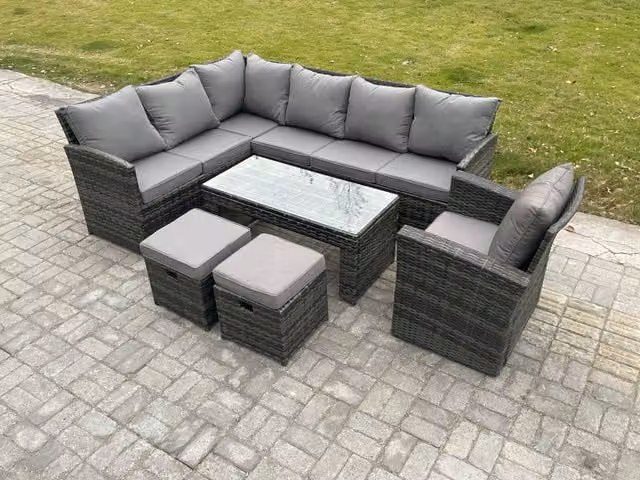 Fimous 9 Seater Outdoor Rattan Garden Furniture Set in Dark Grey with Corner Sofa, Oblong Coffee Table, Armchair and 2 Footstools