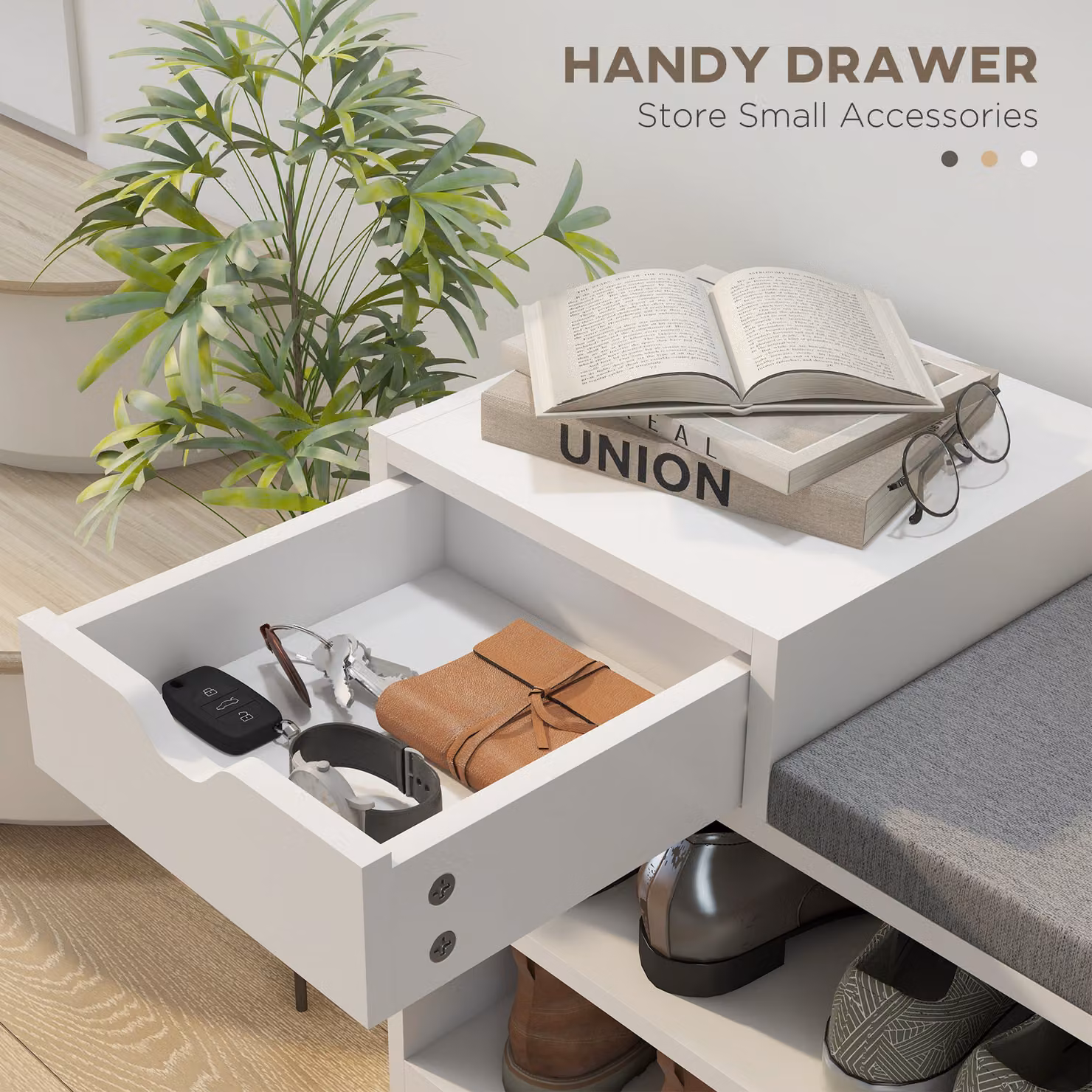 HOMCOM White Upholstered Entryway Shoe Storage Bench with Drawer and 3 Open Shelves – 3