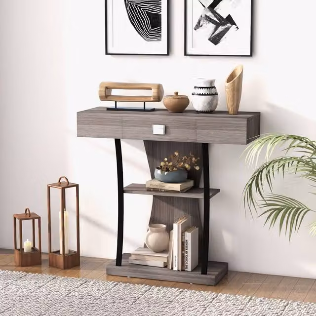 CASART Modern Grey Console Table with Drawer for Living Room or Hallway – 1