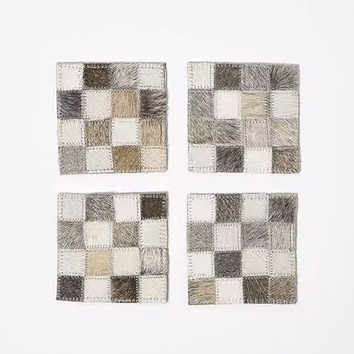 Homescapes Set of 4 Checked Leather Coasters in Grey and Beige, W/D: 10 x 10 cm