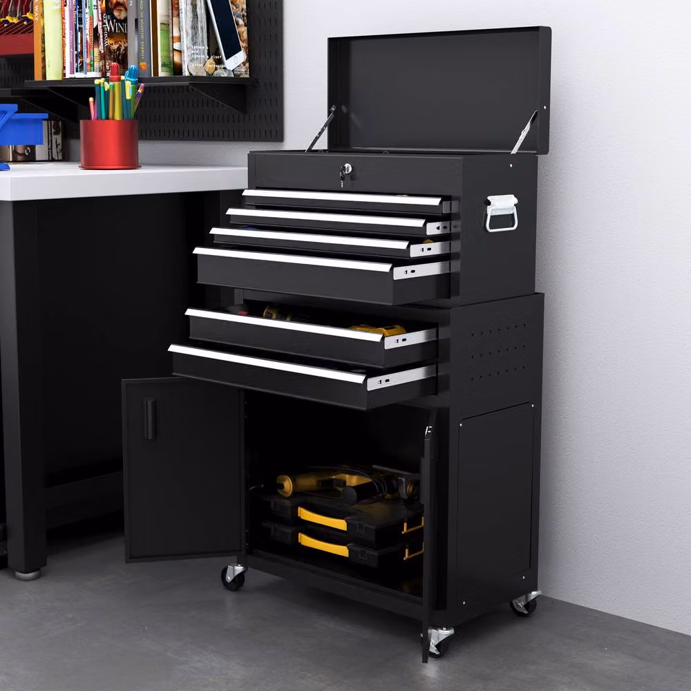 STILVORA Black Metal Tool Chest and Cabinet with 6 Drawers and Lockable Hinged Doors – 7