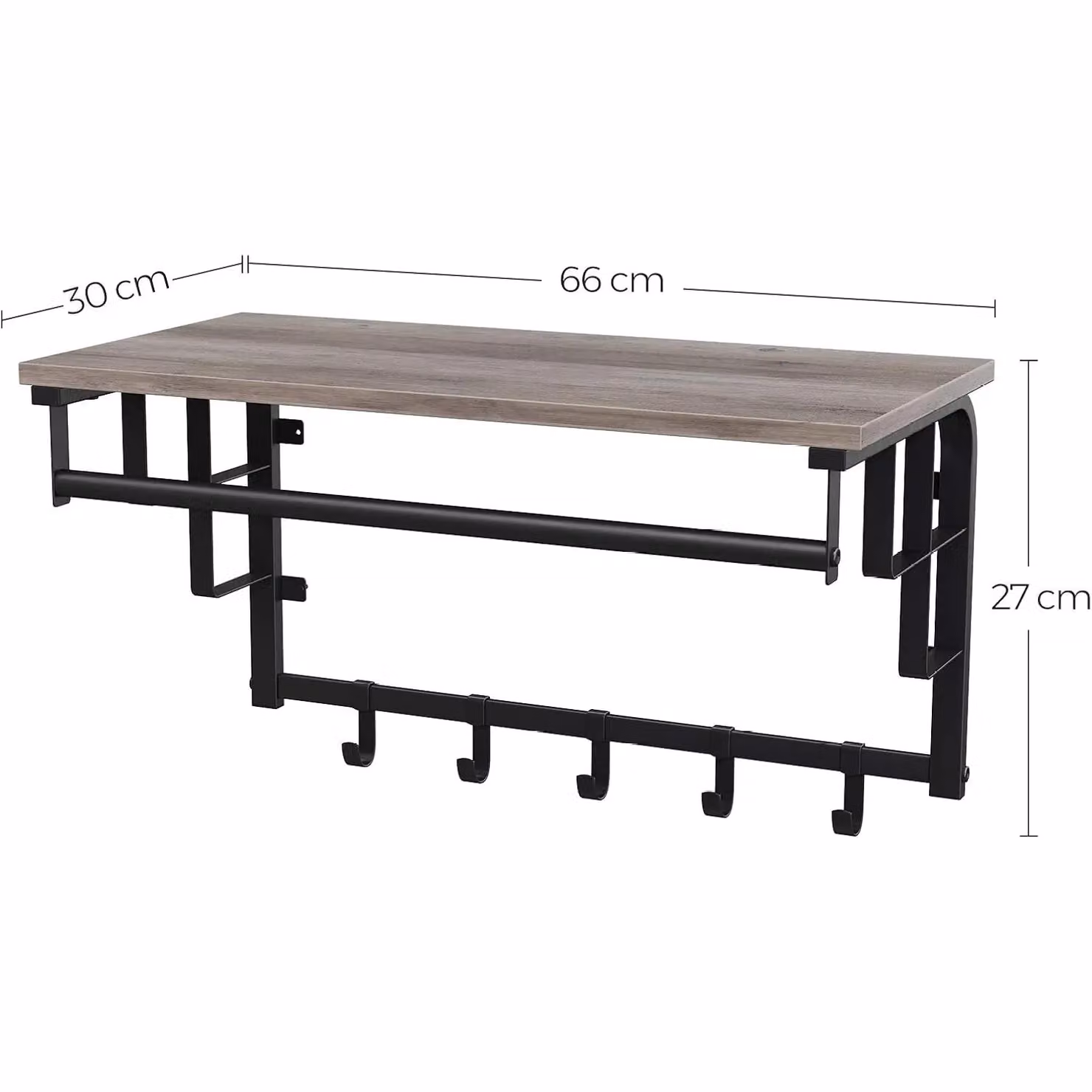 VASAGLE Wall Mounted Coat Rail with Floating Shelf and 5 Removable Hooks in Fawn Brown and Beige – 2