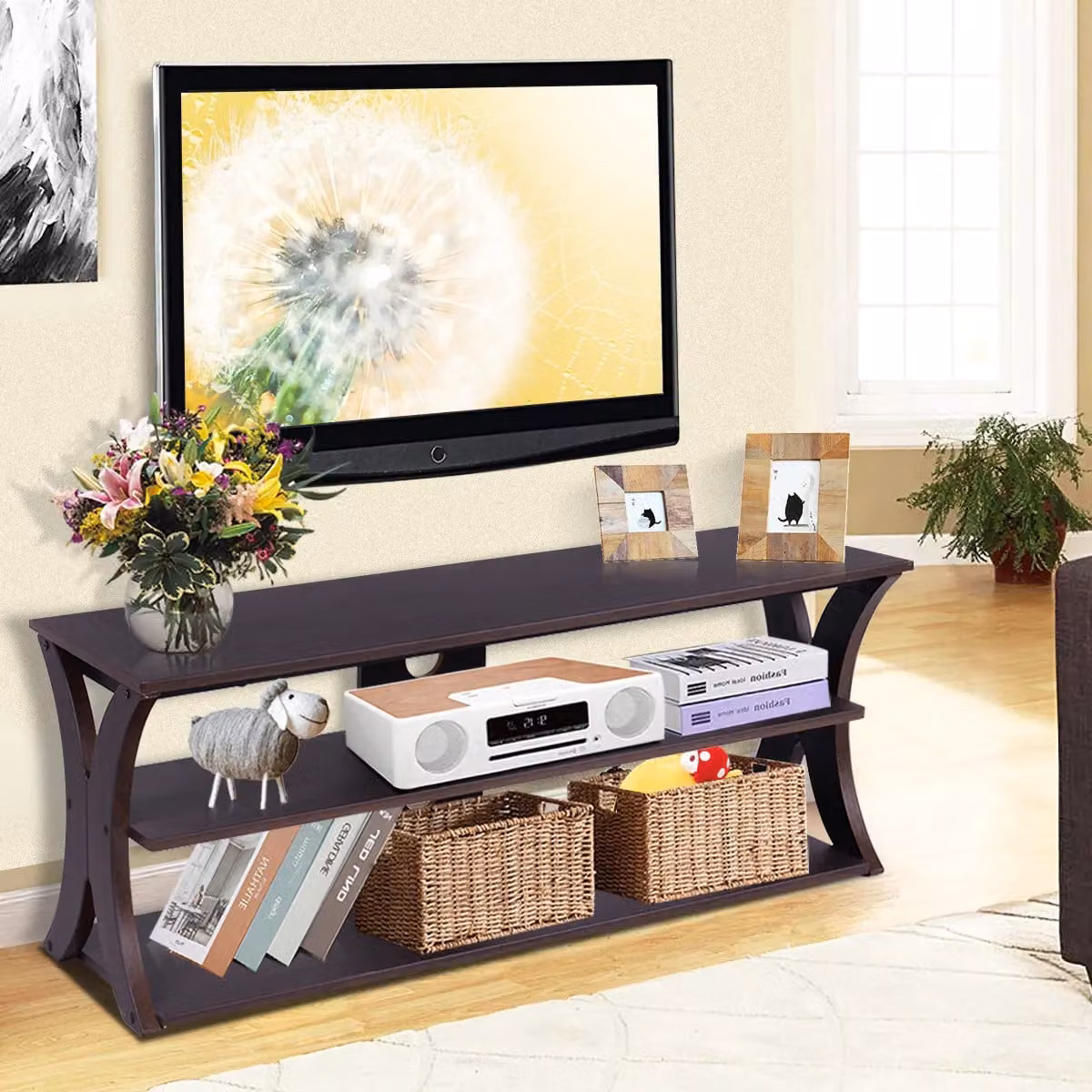 Costway 3-Tier Modern Media Console TV Stand with Storage Cabinet in Dark Brown – 4