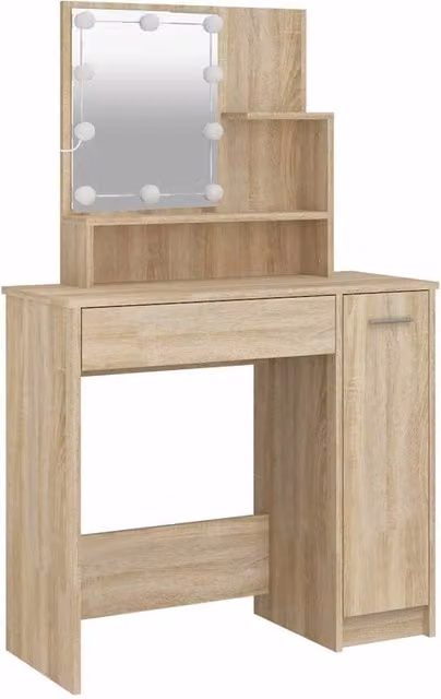 Berkfield Home Hollywood LED Dressing Table in White and Light Tan Sonoma Oak, W: 86.5 cm, D: 35 cm, H: 136 cm – 1