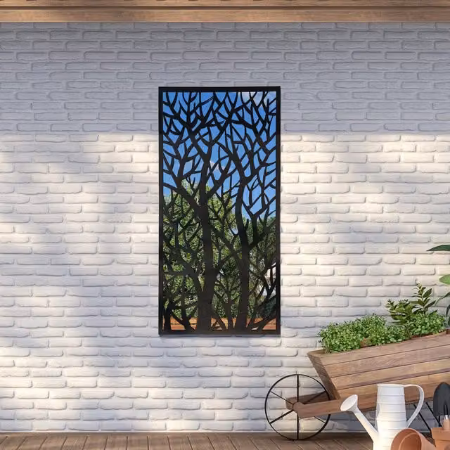 MirrorOutlet Large Metal Tree Design Garden Wall Mirror in Antique Black, W: 120 cm, H: 60 cm