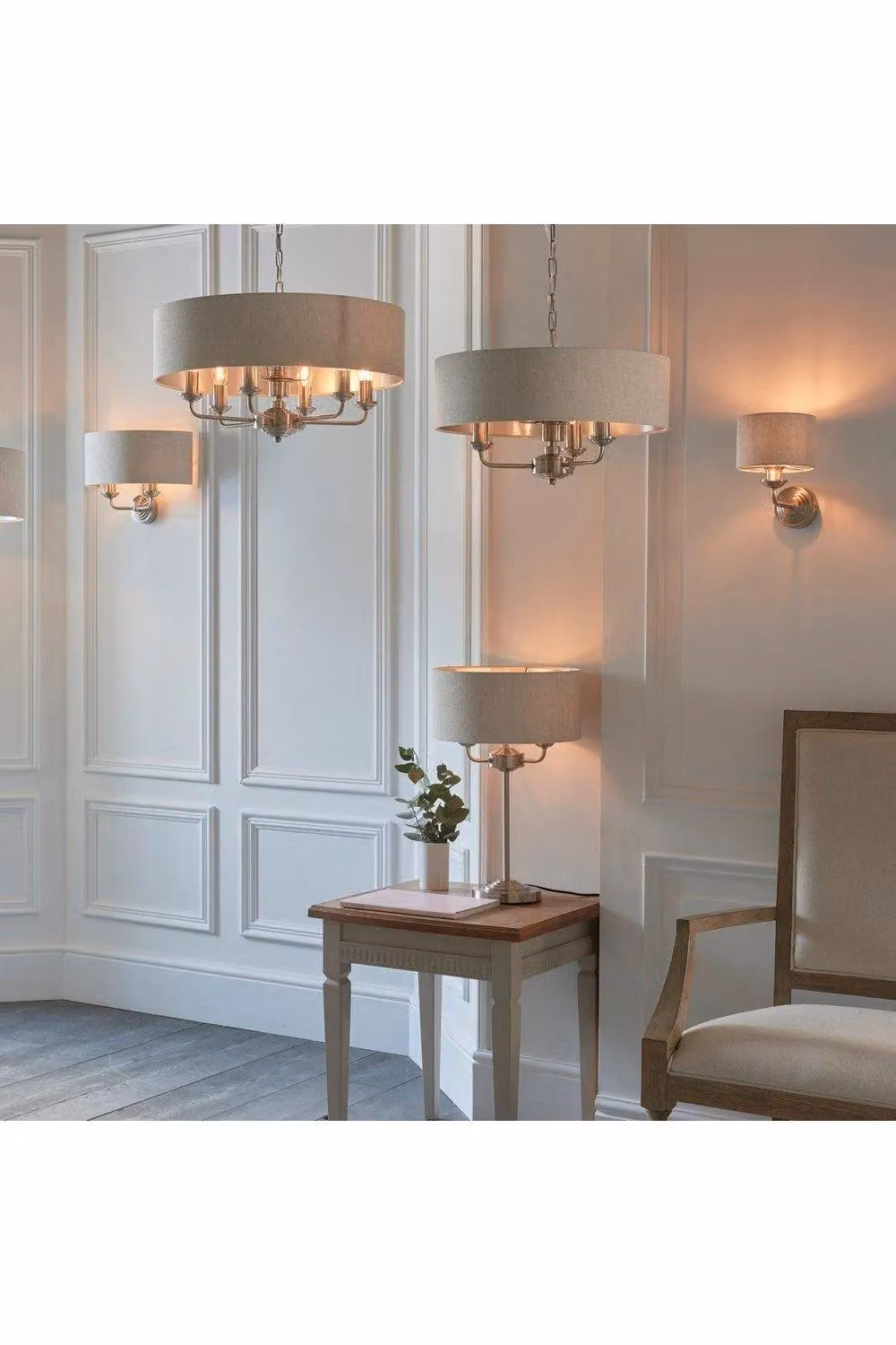 Netlighting Highclere Single Shade Pendant Light with Brushed Chrome Plate and Grey Natural Linen Fabric – 2