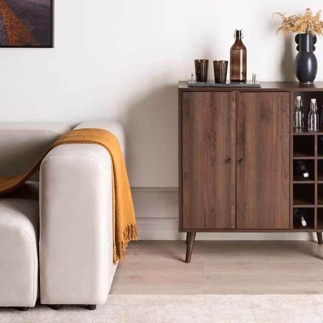 Wyld and Coco Home Mid-Century Brown Sideboard with 2 Doors and 8-Bottle Wine Rack
