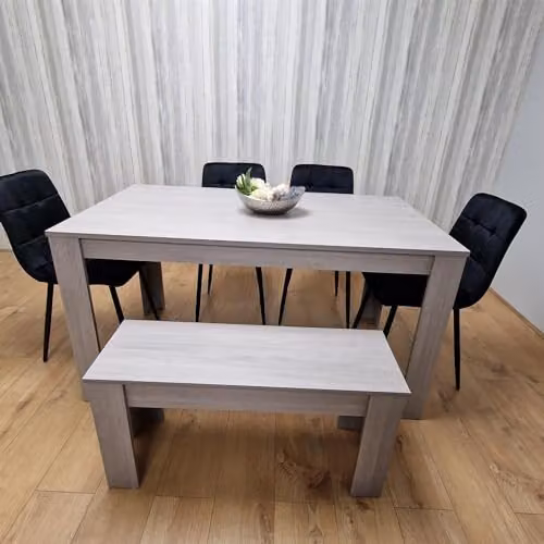 KOSY KOALA Modern 6 Seater Dining Set with Rectangular Light Grey Table, 4 Black Velvet Chairs and 1 Bench, W/D/H: 140 x 80 x 75 cm – 2
