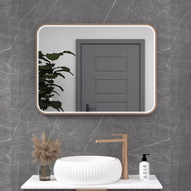 Royal Bathrooms Luxor Rectangular Illuminated LED Mirror with Brushed Bronze Frame, Touch Sensor and Demister Pad, W: 60 cm, H: 80 cm