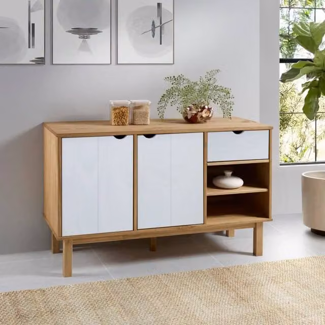 Berkfield Home OTTA Scandinavian Sideboard in Brown and White Solid Pine Wood, W/D/H: 114 x 43 x 73.5 cm