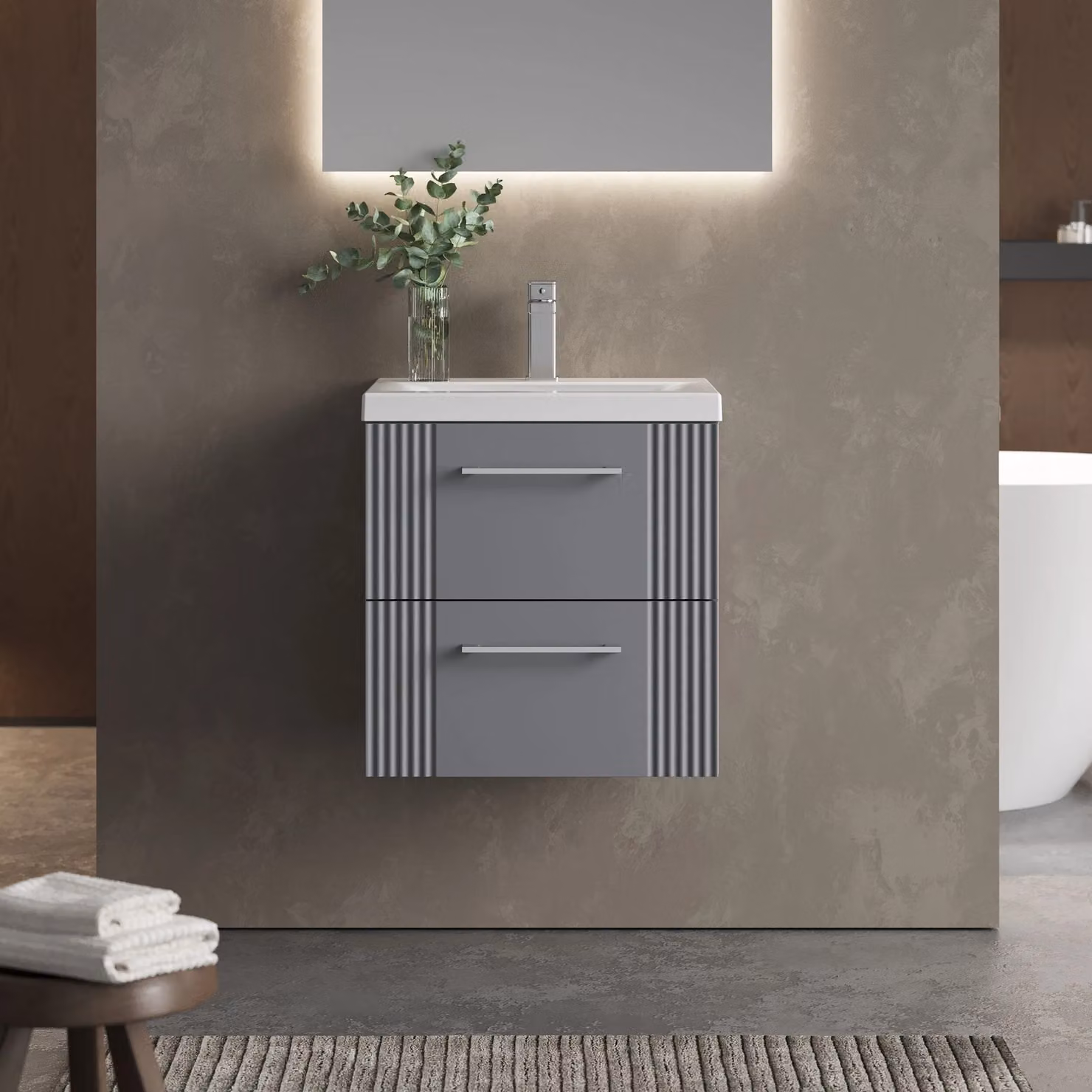 Balterley Wall Hung 2 Drawer Vanity Unit with Mid-Edge Basin, Satin Grey, Width: 50 cm – 2