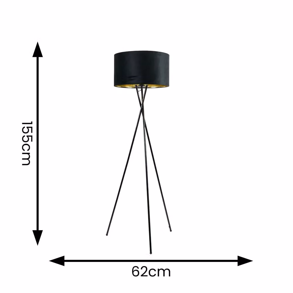 ValueLights Camden Black Tripod Floor Lamp with Gold Cylinder Fabric Shade and Bulb – 2