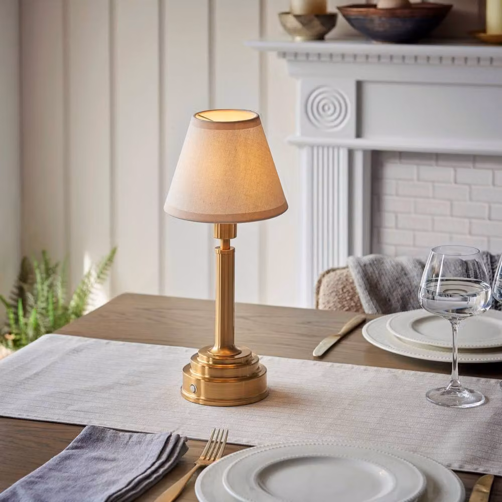 Netlighting Upton Rechargeable LED Table Lamp with White Fabric Shade and Gold/Brass Base – 2