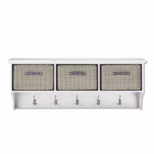Statement Furniture Tetbury Wall Mounted Coat Rack with Hanging Shelf and White and Grey Rattan Baskets – 2