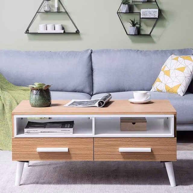 Wyld and Coco Scandinavian Rectangular Coffee Table with White Drawers and Shelves, Light Wood and Brown, W: 100 cm, D: 60 cm, H: 45 cm – 1