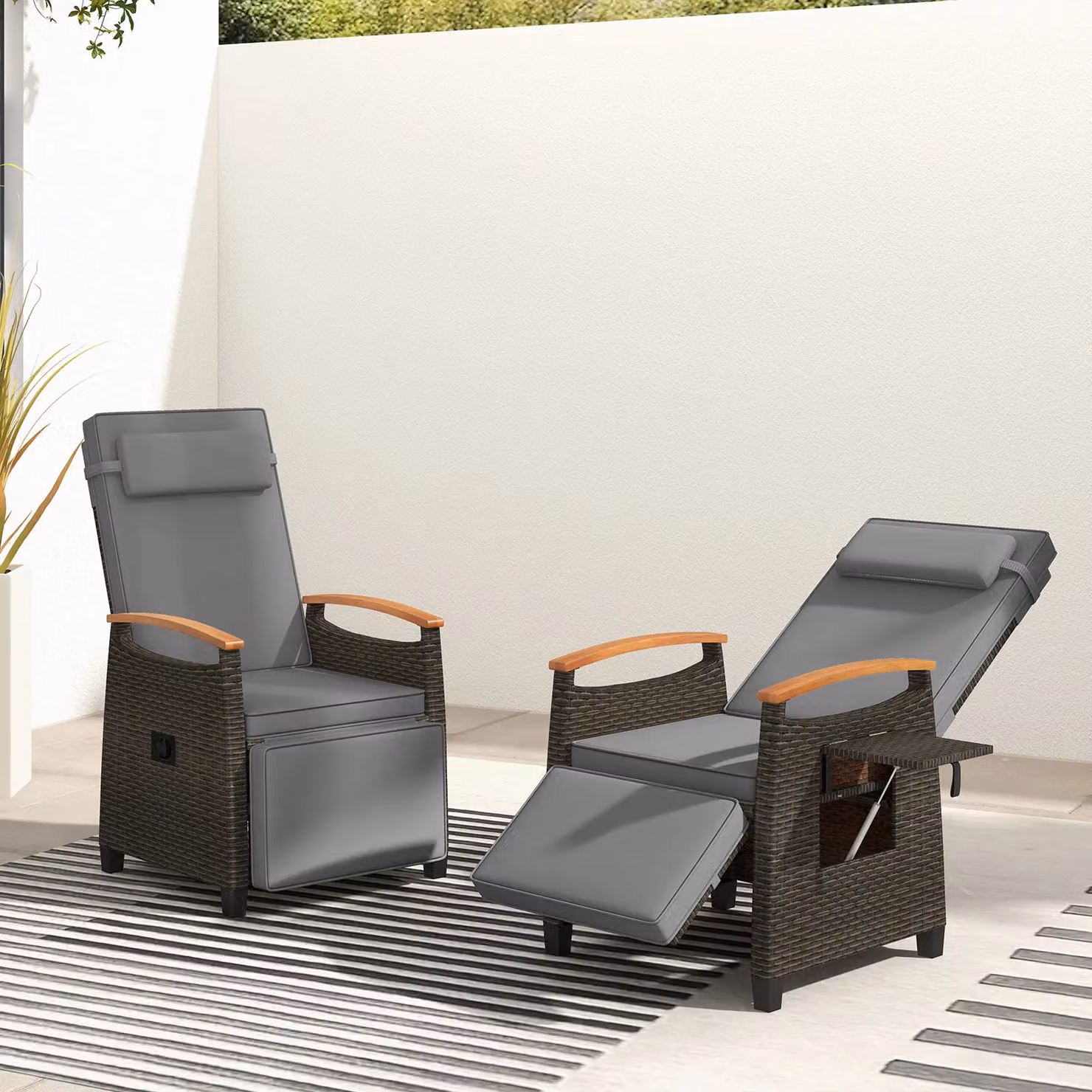 Gymax Grey Rattan Patio Recliner Chair with Acacia Wood Frame – 5