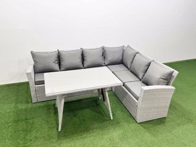 Fimous 6 Seater Rattan Garden Furniture Set with Oblong Dining Table in Light Grey