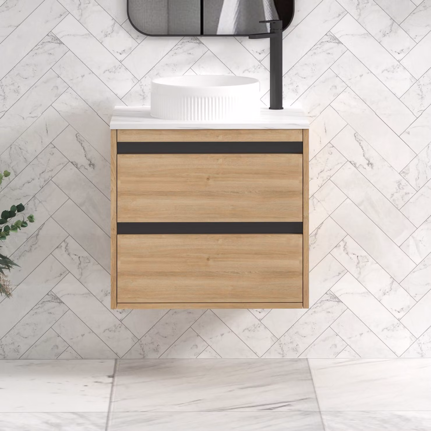 Royal Bathrooms Orion 800mm Natural Oak Wall Hung 2 Drawer Vanity Unit with Round Basin and Black Accent Trim