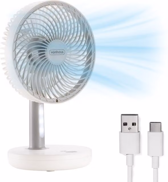 VonHaus Rechargeable Cordless White Table Fan with Oscillation and Light, 15.24 cm