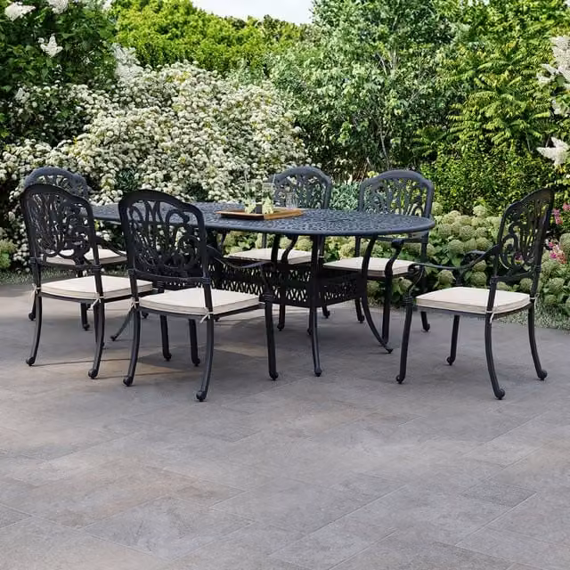 Charles Bentley 7 Piece Cast Aluminium Outdoor Dining Set in Black and Beige