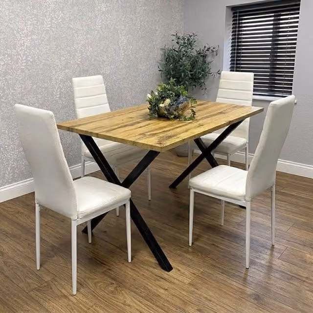 KOSY KOALA Wooden Dining Set with 4 White Padded Leather Chairs in Brown