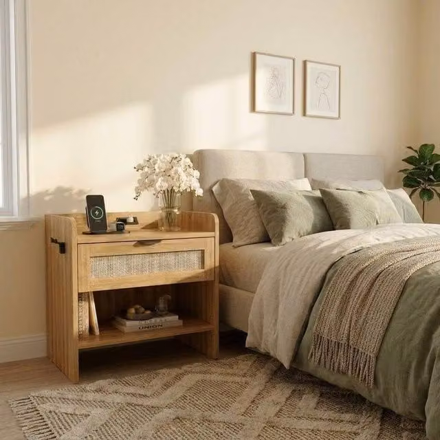London Boutique Boho Rattan Bedside Cabinet with Charging Station and Hook in Walnut Brown – 1