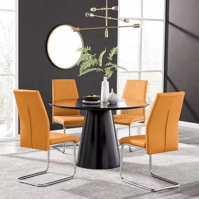 FurnitureboxUK Palma Black Semi Gloss Round Dining Table and 4 Lorenzo Chairs in Mustard Yellow