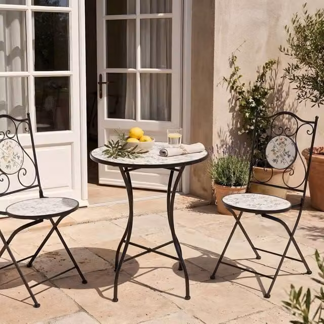 Wyld and Coco Black Bistro Set with Round Mosaic Ceramic Table and 2 Folding Metal Chairs