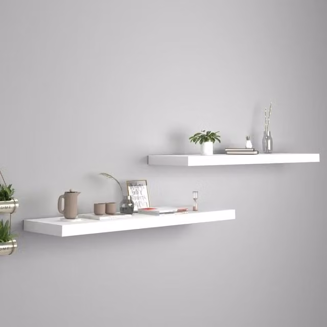 Berkfield Home Set of 2 White Floating Wall Shelves, W/D/H: 90 x 23.5 x 3.8 cm