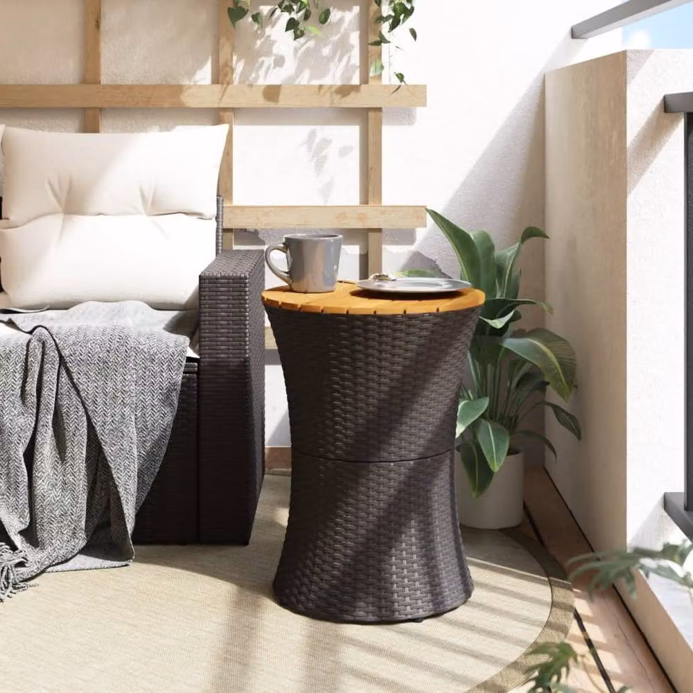 Berkfield Home Garden Drum Shape Side Table in Black Poly Rattan and Acacia Wood – 3