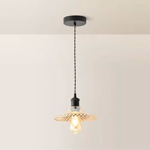 ValueLights Lucrezia Black and Amber Pendant Light with Frilled Glass Shade
