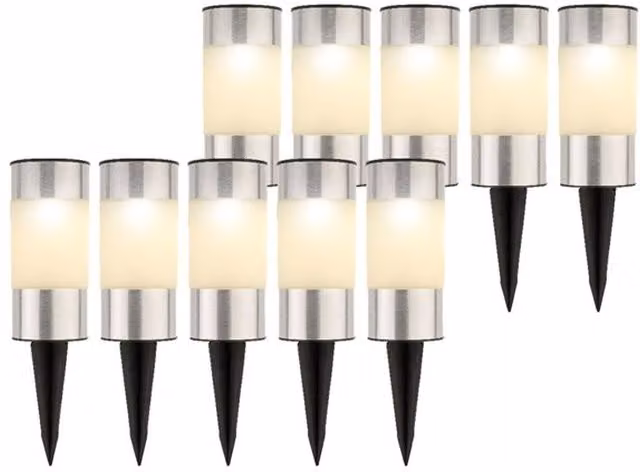 Lumineo 10-Pack Solar Powered Stainless Steel Garden Post Lights in Silver and White with Warm White LED and Dusk Sensor
