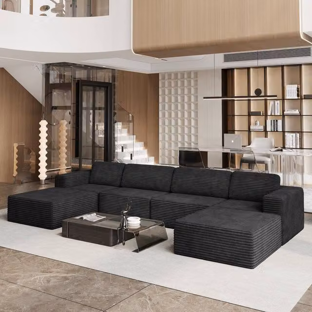 Dprodo Black Corduroy Modular U-Shape Sofa with Matching Ottoman and Removable Covers – 1